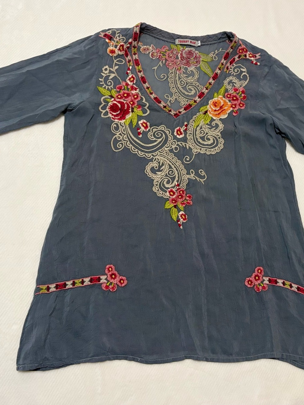 Johnny Was Slate Blue Floral Embroidered V-Neck Tunic